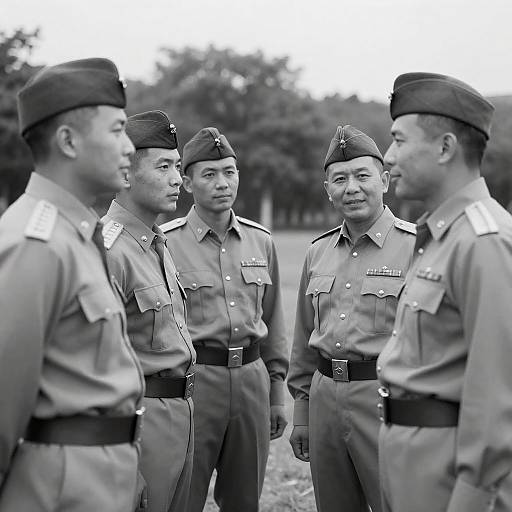 Black and White Photo of Asian Military Officers in Uniform