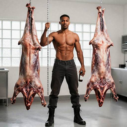 Muscular Man in Meat Processing Room