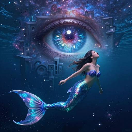 Digital artwork: Mermaid with shimmering blue scales floats beneath a giant, glowing, cosmic eye filled with stars and galaxies.