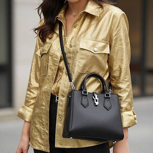 Photograph of a woman in a gold metallic button-up shirt, black leather handbag with silver hardware, black shoulder strap, urban street background.