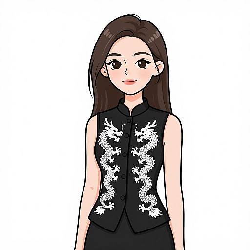 Digital anime-style drawing of a smiling young woman with long brown hair, wearing a black sleeveless vest with white dragon embroidery, against a white background.