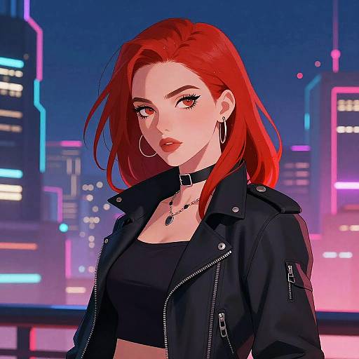 Digital anime-style portrait of a red-haired woman with hoop earrings, black choker, leather jacket, and crop top, set against a neon cityscape