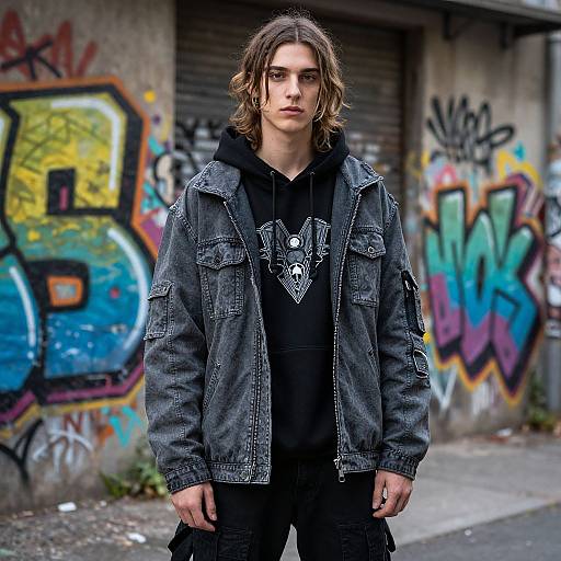 Photograph of a young man with long brown hair, wearing a black hoodie and gray denim jacket, standing in front of colorful graffiti-covered urban wall.