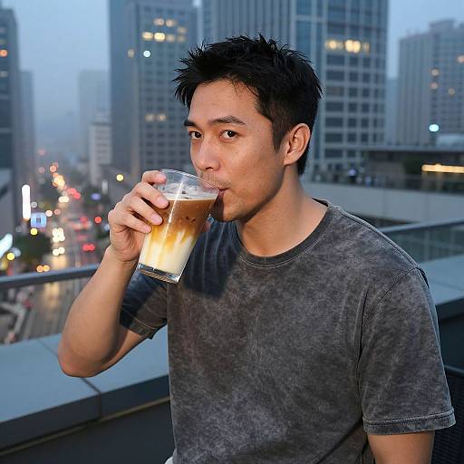 Stylish Man Sipping Iced Coffee at Dusk