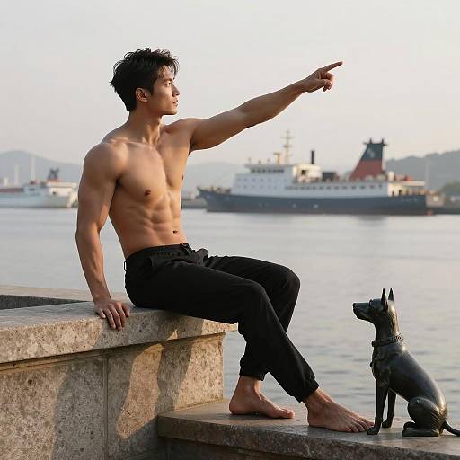 Shirtless Muscular Man Sitting on Stone Ledge by Water