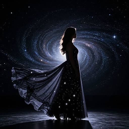 Silhouetted woman in flowing, star-spangled dress against glowing, spiral galaxy background. Her hair flows with the dress, illuminated by a bright