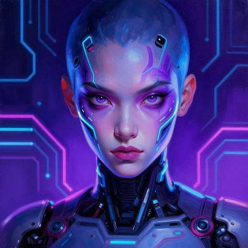Digital CGI of a cybernetic woman with glowing blue and purple neon lines on her face and cybernetic armor, against a neon-lit futuristic
