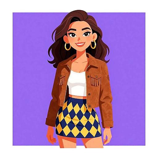 Digital illustration of a smiling woman with dark wavy hair, wearing a brown jacket, white crop top, and yellow-blue diamond-patterned skirt, against