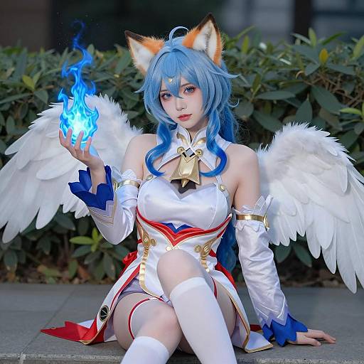 Magical Woman in Cosplay with Blue Flames