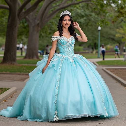 Photograph of a smiling young woman with long black hair, wearing a light blue, off-shoulder, princess-style ball gown and tiara,