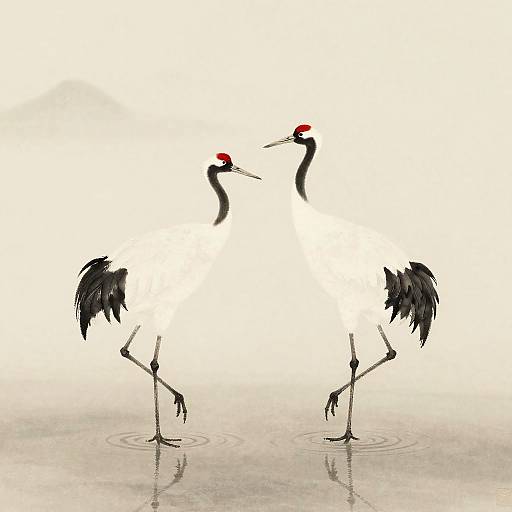 Elegant Red-Crowned Cranes Ink Painting