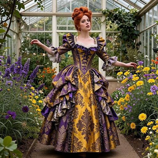 Photograph of a red-haired woman in an elaborate, Victorian-style, purple and gold floral dress, standing in a vibrant greenhouse garden filled with colorful flowers