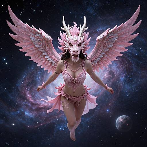 Woman in Dragon Mask Soaring Cosmic