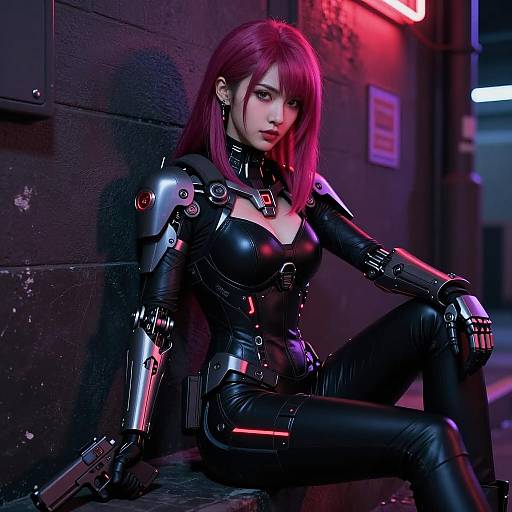 Cyberpunk Female Enforcer in Neon Alley