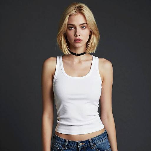 Photograph of a blonde woman with a bob haircut, wearing a white tank top, blue jeans, and a black choker, against a dark background