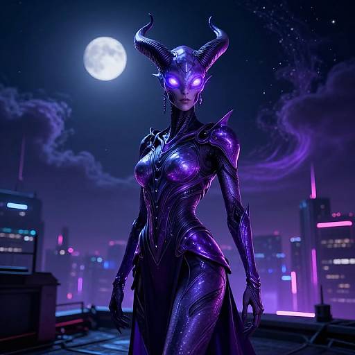 CGI cyberpunk fantasy: glowing purple demon woman with horns, sleek black armor, neon cityscape, full moon, and starry night sky.