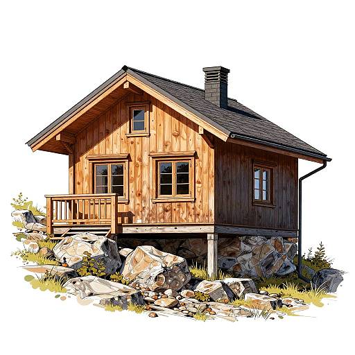 Digital illustration of a wooden cabin with a gabled roof, raised on rocks, featuring two windows and a small porch, set against a white background.