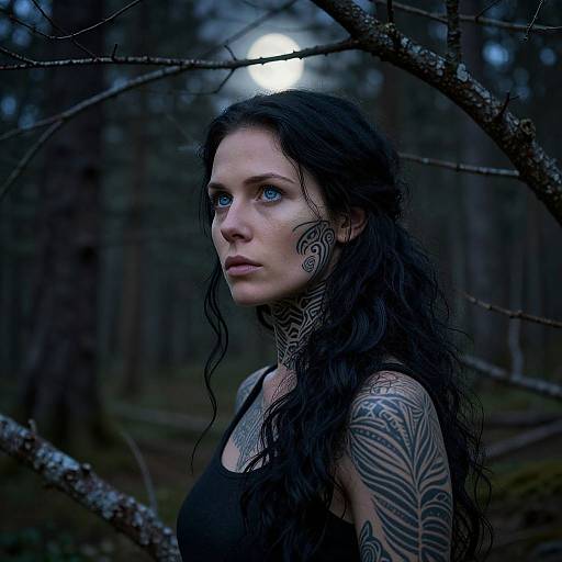 Photograph of a tattooed woman with long black hair, blue eyes, and dark tank top, standing in a dark, moonlit forest, surrounded