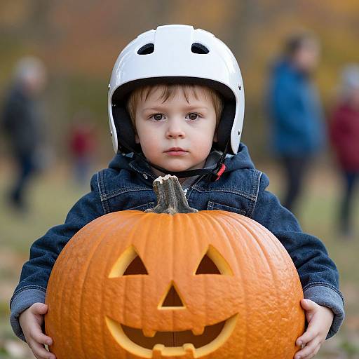 Preemie Child with Pumpkin Outdoors