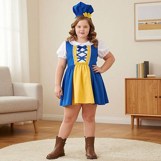 Photograph of a young girl in a blue and yellow Disney Snow White costume, standing in a bright living room.