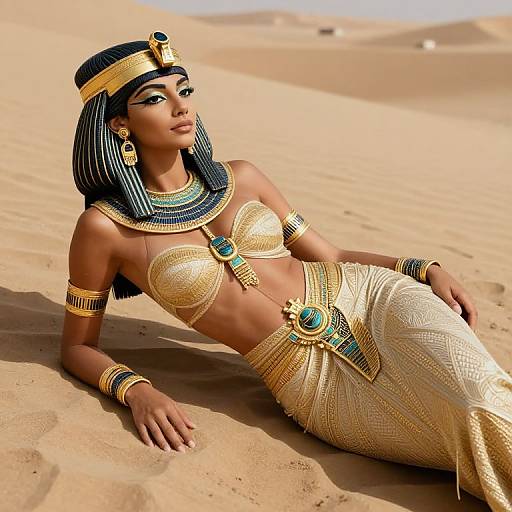 Digital art of a dark-skinned, ancient Egyptian woman with black hair, gold jewelry, and attire, reclining in a sandy desert.
