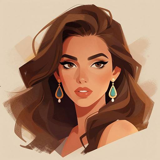 Digital portrait of a beautiful, dark-haired woman with large brown eyes, full lips, and teal teardrop earrings, against a warm, abstract background