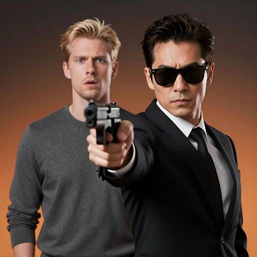 Man in Suit Pointing Gun with Surprised Man Behind