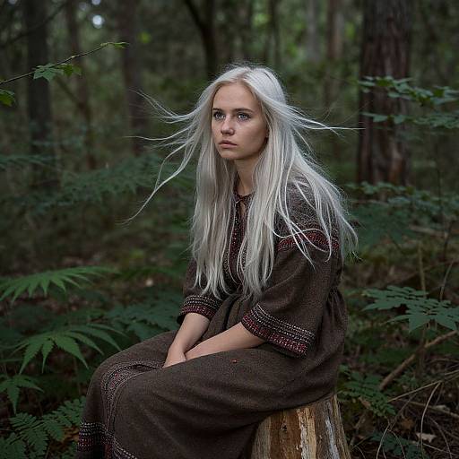 Photograph of a young woman with long, white hair sitting on a tree stump in a dense, green forest, wearing a dark, embroidered dress,