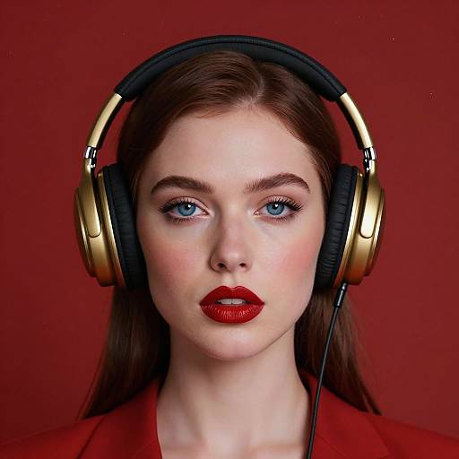 Photograph of a fair-skinned woman with blue eyes, red lipstick, wearing gold headphones against a solid red background.