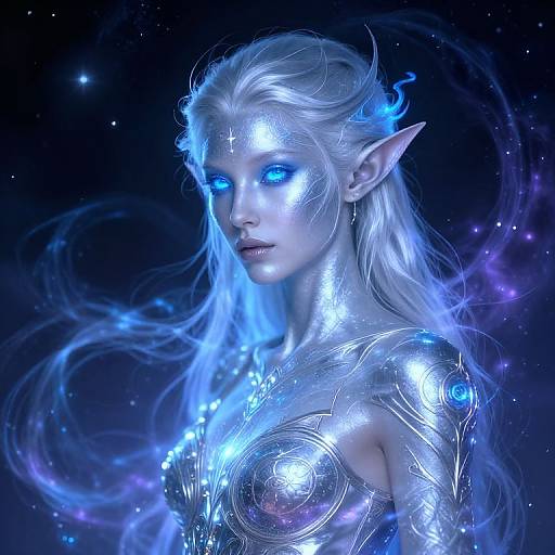 Digital art of a glowing blue, ethereal elf woman with long white hair, pointed ears, and luminous eyes against a starry night background,