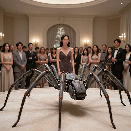 Photograph of a fashion show featuring a large, detailed black spider model on a circular white platform, with an elegant, dark-haired woman in a black