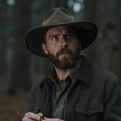 Focused Man in Dark Forest Setting