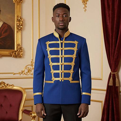 Photograph of a Black man in a royal blue military-style jacket with gold trim, standing in an ornate, gold-accented room.