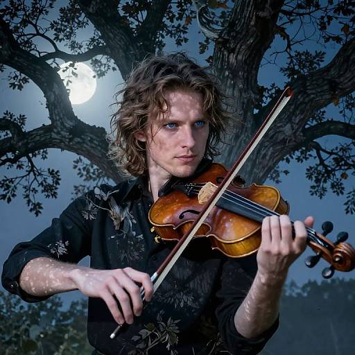 Photograph of a young, wavy-haired man with blue eyes, playing a violin under a moonlit, leafy tree, wearing a black floral