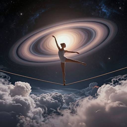Silhouetted ballerina with raised arm balancing on tightrope, surrounded by cosmic clouds and a glowing galaxy, blending dance and space themes
