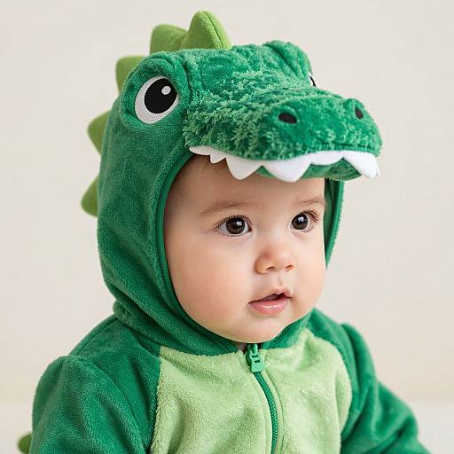 Photograph of a cute baby with light skin, wearing a green dinosaur onesie with a hood, and large, expressive eyes.