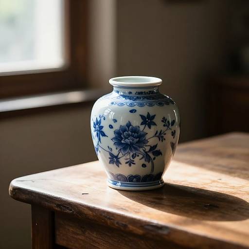 Photograph of a blue and white ceramic floral vase with a round body, standing on a sunlit, rustic wooden table. Background includes a blurred window