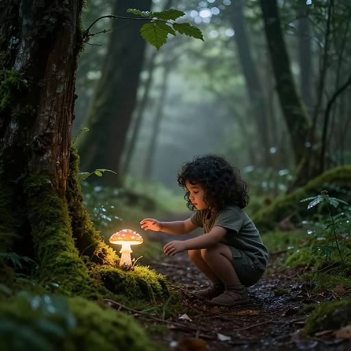 Curly-Haired Girl Exploring Magical Forest