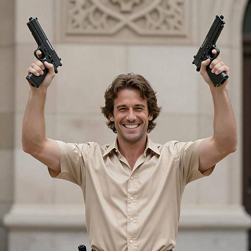 Triumphant Man Holding Two Pistols