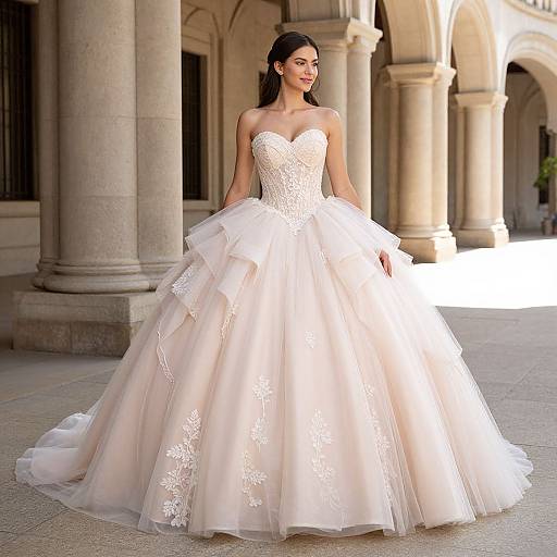 Photograph of a beautiful woman with dark hair in a strapless, white lace and tulle wedding gown, standing in an arched, stone-column