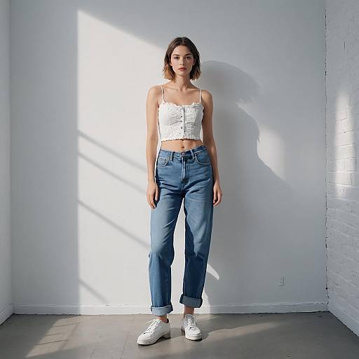 Woman in Low Rise Baggy Jeans and Lace Bustier Top
