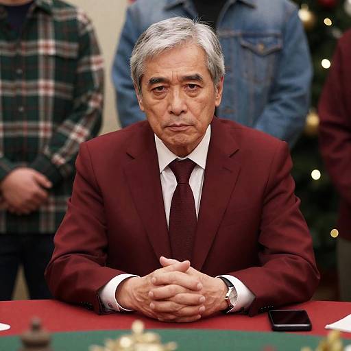 Serious Man in Red Suit at Table