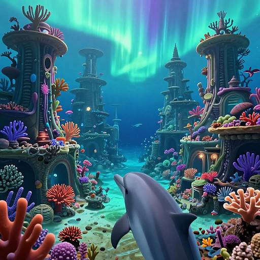 Vibrant underwater scene with a dolphin swimming past colorful coral reefs and futuristic, towering structures illuminated by glowing blue auroras. Digital artwork.