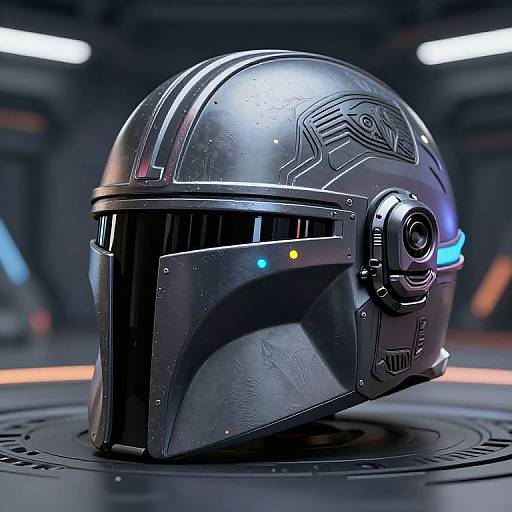 Photorealistic CGI of a futuristic, dark metallic Mandalorian-style helmet with glowing blue and yellow lights, intricate tech patterns, and a black visor