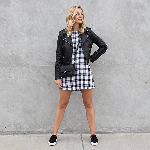 Blonde Woman in Leather Jacket and Plaid Dress