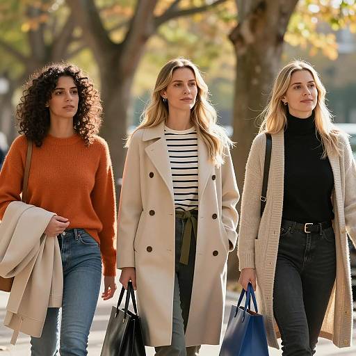 Three Women Walking Outdoors in Autumn Fashion