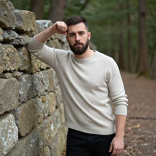 Photograph of a bearded man with dark hair, wearing a cream sweater and black pants, leaning on a stone wall in a forest.