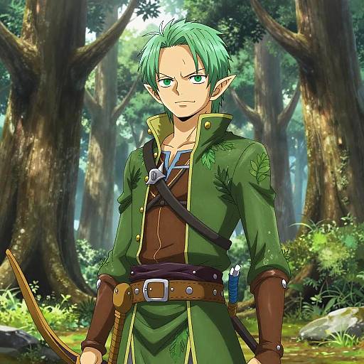 Digital anime-style drawing of a green-haired elf with pointed ears, wearing a green tunic and brown leather straps, standing in a sunlit forest,