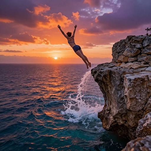 Photograph of a person in a blue swimsuit mid-air jumping from a rocky cliff into the ocean at sunset, splashing into vibrant orange and purple