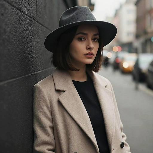 Photograph of a young woman with short brown hair, wearing a gray hat and beige coat, standing against a dark brick wall, urban street background with